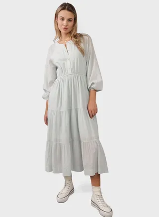 Button Detail Tiered Shirt Dress