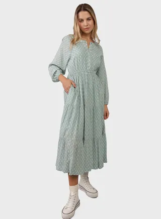 Button Detail Tiered Shirt Dress
