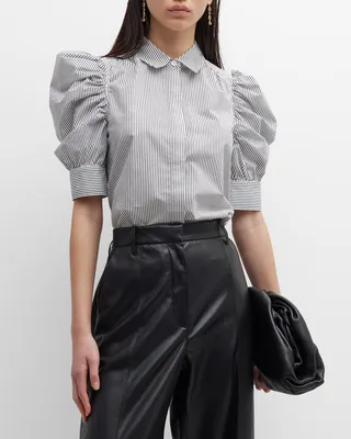 Pinstripe Ruched Puff-Sleeve Shirt