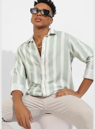 Striped Spread Collar Long Sleeve Shirt