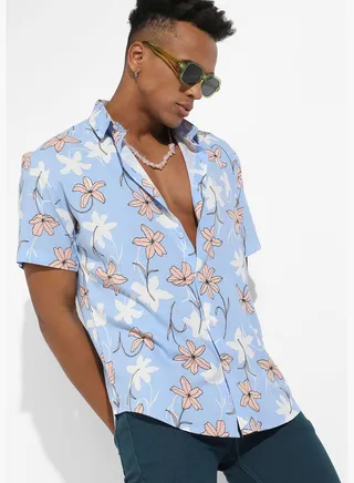 Printed Spread Collar Short Sleeve Shirt