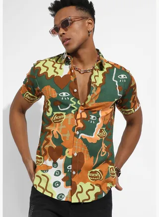 Printed Spread Collar Short Sleeve Shirt