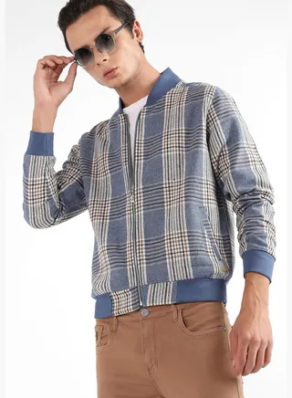 Checkered Low Stand-Up Collar Long Sleeve Jacket