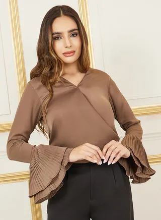 Satin Pleated Flute Sleeves Wrap Top