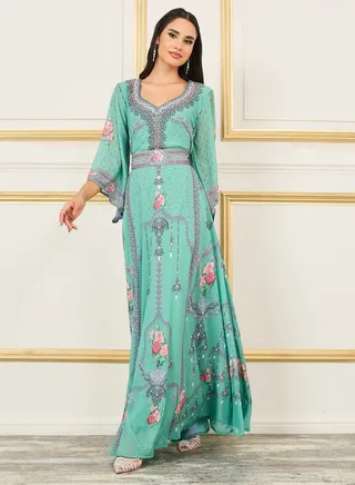 Rhinestone Detail Digital Print Belted Jalabiya