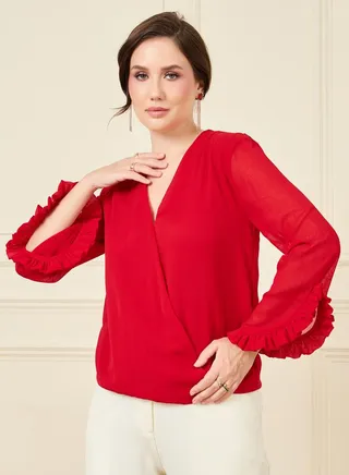 Ruffled Sleeve Wrap Front Top
