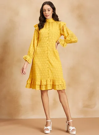 Dobby High Neck A-Line Knee Length Dress