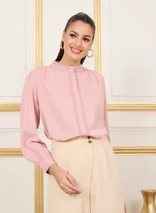 Lace Trim Pleated Detail High Neck Blouse