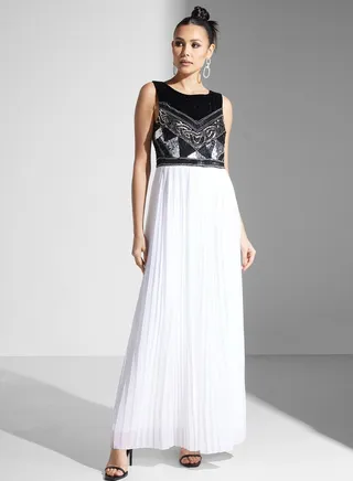 Dima Color Block Embroidered Dress With Pleats