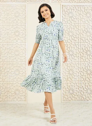 Floral Print Ruffle Hem A-Line Midi Dress
