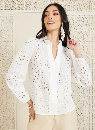 Broderie Anglaise Notch Neck Blouse
