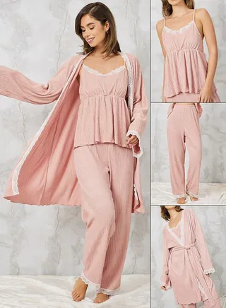 Pack of 3 - Textured Lace Trim Cami, Pyjama & Robe Set