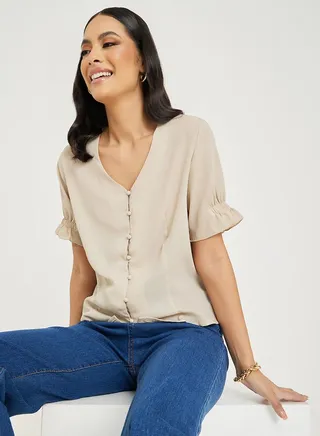 V Neck Boxy Fit Blouse with Button Closure