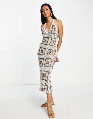 ASOS DESIGN halter maxi dress in brown crochet with square print