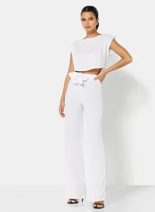 Boat Neck Crop Top and Pants Set (Set of 2