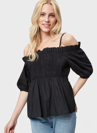 Bardot Puff Sleeve Shirred Top