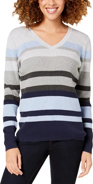 Womens Ribbed V-Neck Pullover Sweater