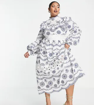 ASOS EDITION Curve eyelet blouson sleeve midi dress with contrast embroidery