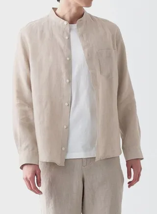 French Linen Washed Stand Collar Shirt