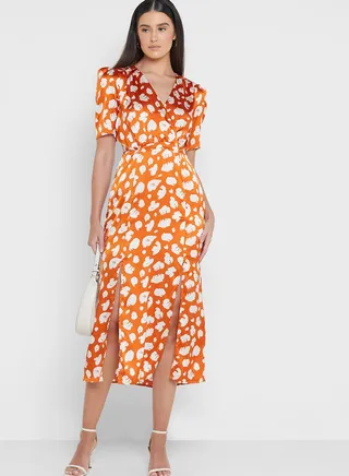 Plunge Neck Split Detail Printed Dress