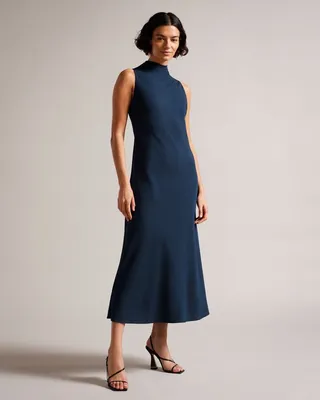 Cowl Neck Sleeveless Midi Slip Dress in Dark Blue