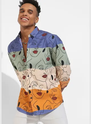 Printed Spread Collar Long Sleeve Shirt