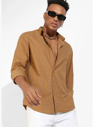 Printed Spread Collar Long Sleeve Shirt