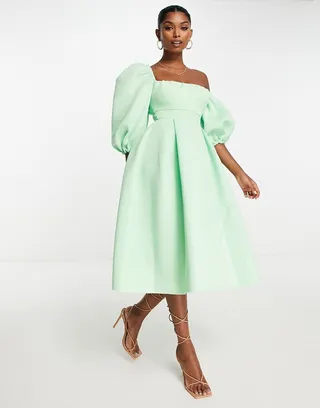 ASOS DESIGN dropped puff sleeve midi skater dress in apple green