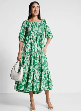 Square Neck Floral Print Tiered Dress