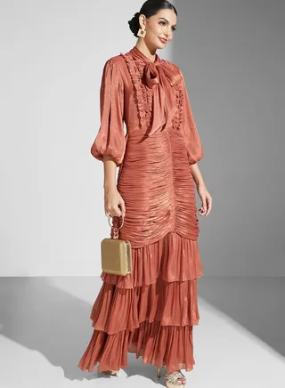 Nour Pussybow Neck Dress With Ruching Detail