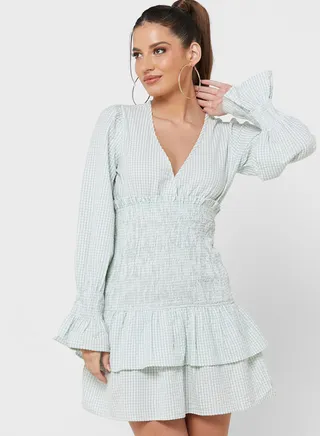 Ruffle Detail Balloon Sleeve Shirred Dress