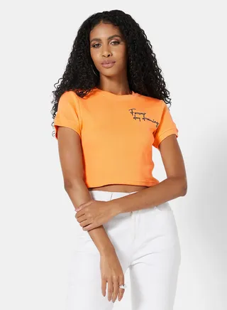 Embroidered Slogan Crop Top