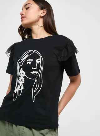 Graphic T-Shirt With Tulle Detail