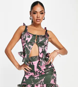 ASYOU satin frill hem corset top in print - part of a set