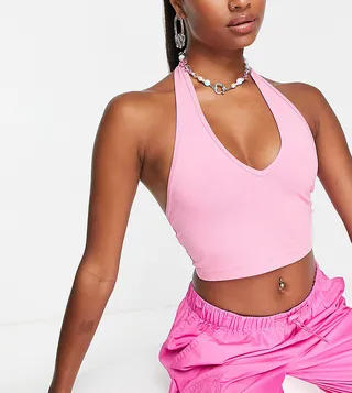 ASOS DESIGN Petite halter neck crop top in pink