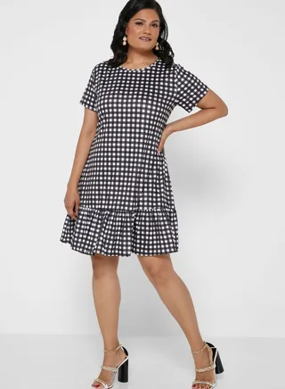 Gingham Jersey Frill Hem Dress