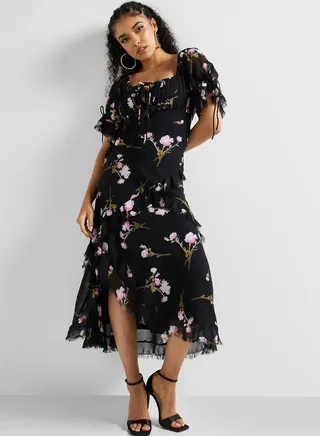 Printed Lace Detail Ruffle Dress