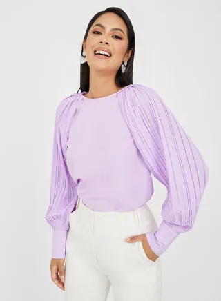 Slit Pleated Sleeve Round Neck Blouse