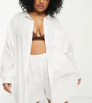 ASOS DESIGN curve textured button through beach shirt in white