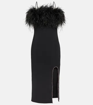 Feather-trimmed crepe midi dress