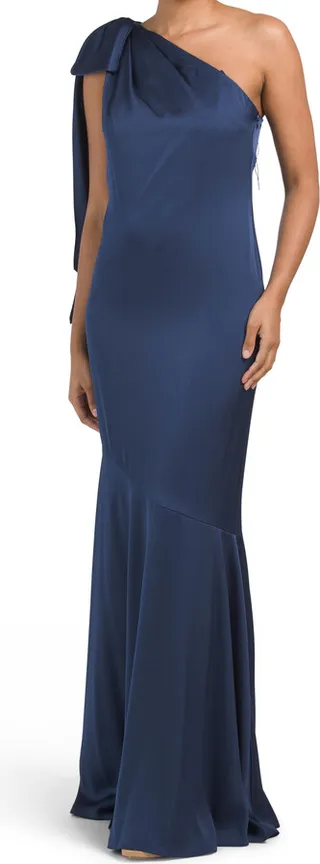 One Shoulder Satin Gown With Tie At Shoulder