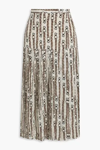 Pleated printed silk crepe de chine midi skirt