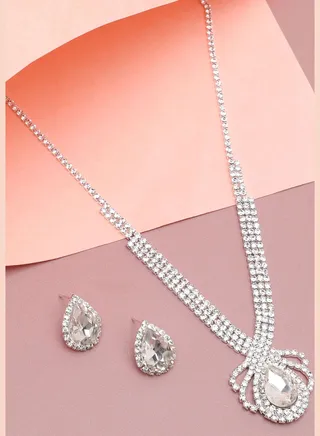 Silver Plated Party Designer Stone Necklace and Earring Set For Women