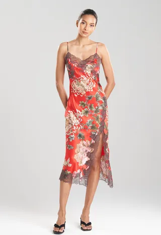 Kairaku Garden Charmeuse Lace Slit Silk Gown