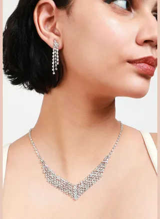 Silver Plated Designer Stone Party Wear Necklace and Earring Set For Women