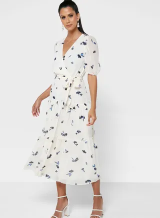 Balloon Sleeve Surplice Neck Printed Dress