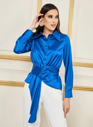 Satin Cuffed Sleeves Wrap Shirt