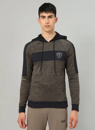 Contrast Panel Melange Fleece Jacket with Hood