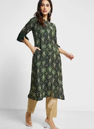 Floral Print Lace Detail Kurti