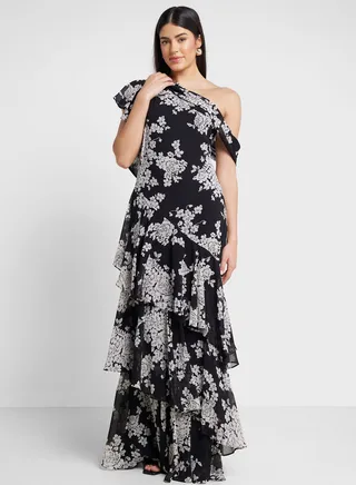 One Shoulder Ruffle Printed Dress